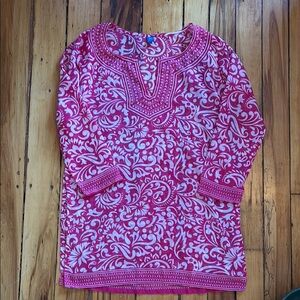 Raj Pink and White Tunic Top 100% silk. Bathing suit cover up, beach, swim